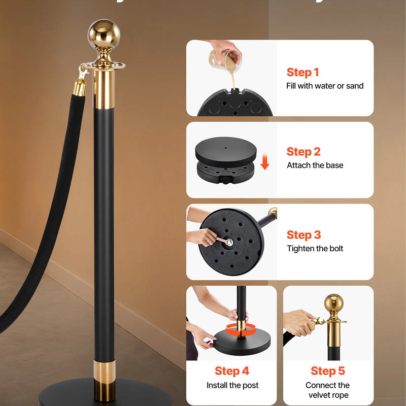 VEVOR barjeras stabi 4 gab., rindas organizēšanas sistēma ar 2 melnām samta virvēm, izturīgi nerūsējošā tērauda stabi ar dobu pamatni, piemēroti teātriem, pasākumiem, kāzām un izstādēm