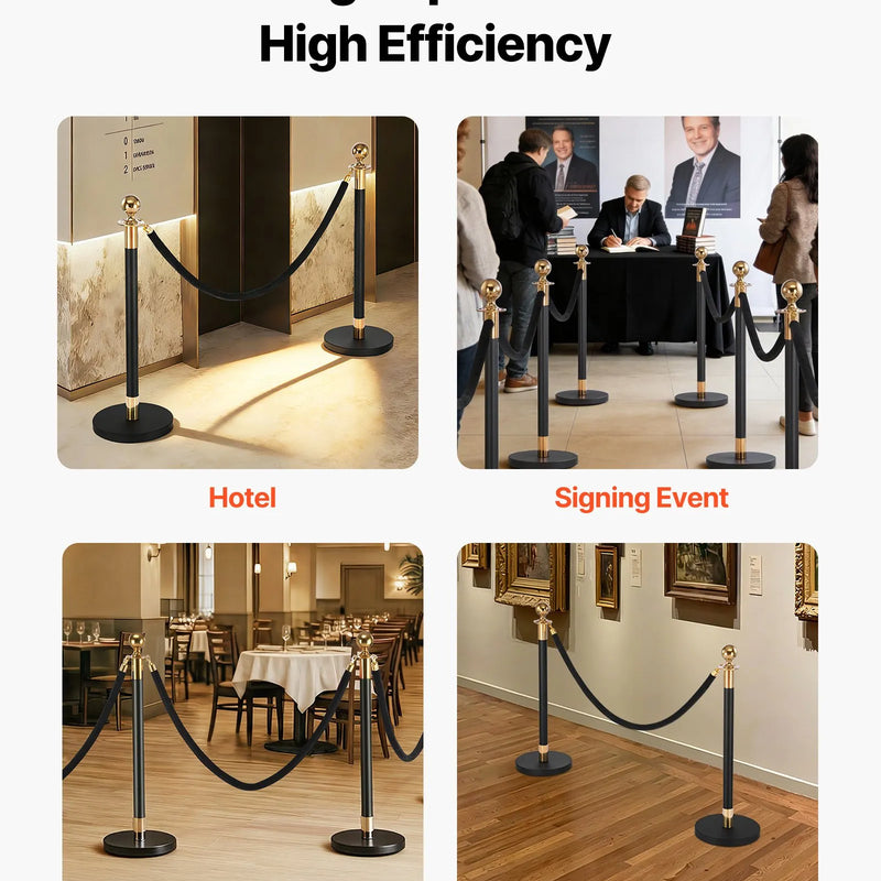 VEVOR barjeras stabi 4 gab., rindas organizēšanas sistēma ar 2 melnām samta virvēm, izturīgi nerūsējošā tērauda stabi ar dobu pamatni, piemēroti teātriem, pasākumiem, kāzām un izstādēm