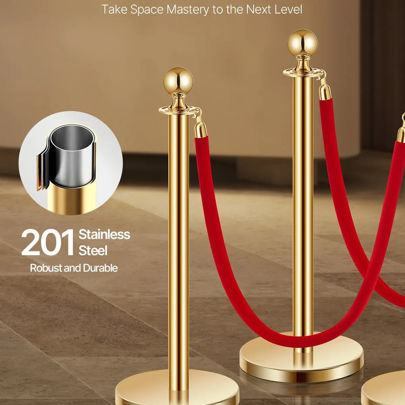 VEVOR cilvēku plūsmas kontroles statīvu komplekts 8 gab. ar 6 sarkanām samta virvēm, zelta nerūsējošā tērauda statīvi ar smilšu pildāmu pamatni, 1524 mm virves, piemēroti teātriem, pasākumiem, kāzām un izstādēm