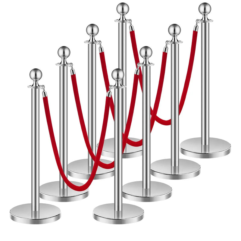 VEVOR barjeras stabi 8 gab., rindas organizēšanas sistēma ar 4 sarkanām samta virvēm, sudraba nerūsējošā tērauda stabi ar smiltīm pildāmu pamatni, piemēroti teātriem, pasākumiem, kāzām un izstādēm