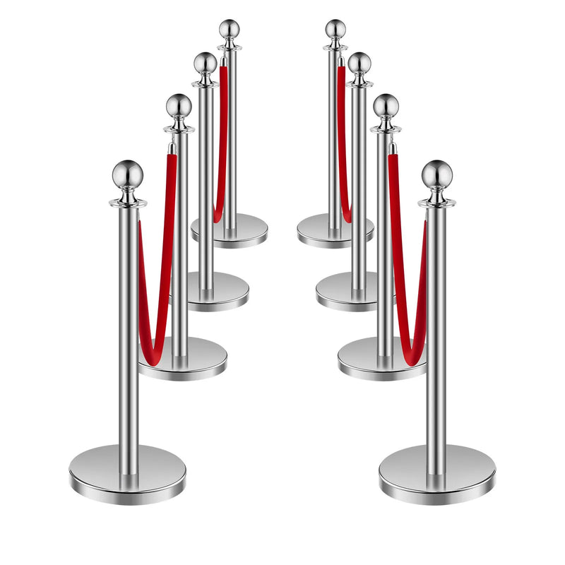 VEVOR barjeras stabi 8 gab., rindas organizēšanas sistēma ar 4 sarkanām samta virvēm, sudraba nerūsējošā tērauda stabi ar smiltīm pildāmu pamatni, piemēroti teātriem, pasākumiem, kāzām un izstādēm