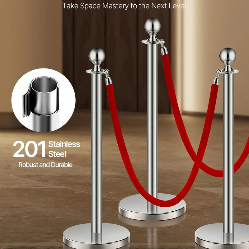 VEVOR barjeras stabi 8 gab., rindas organizēšanas sistēma ar 4 sarkanām samta virvēm, sudraba nerūsējošā tērauda stabi ar smiltīm pildāmu pamatni, piemēroti teātriem, pasākumiem, kāzām un izstādēm