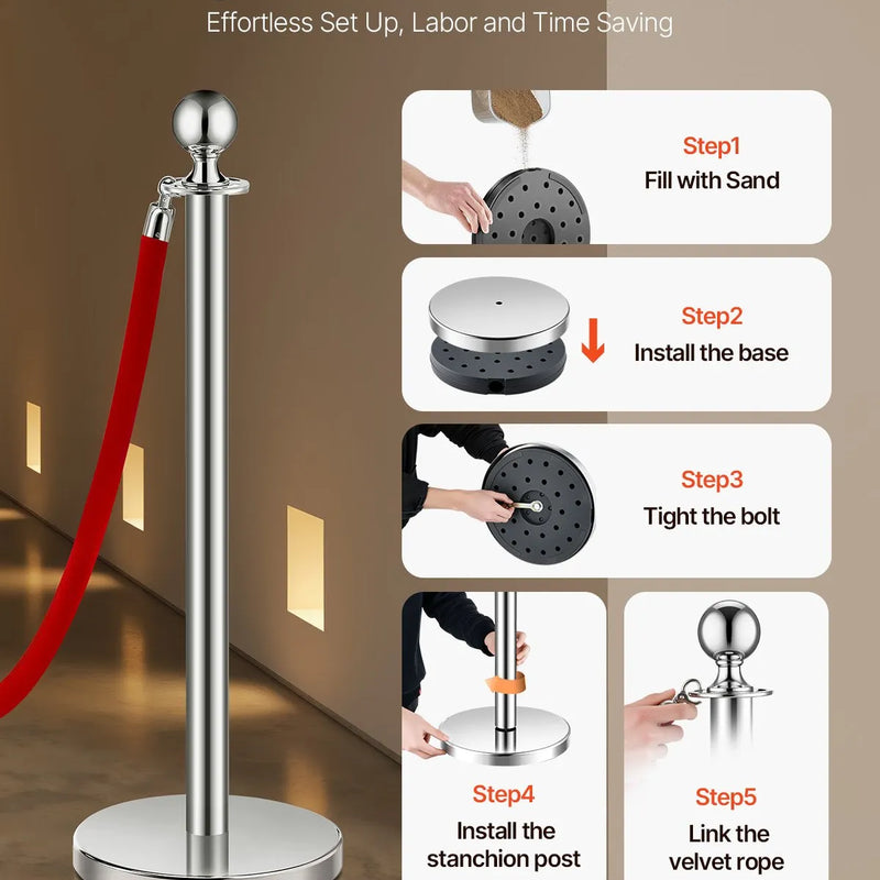VEVOR barjeras stabi 8 gab., rindas organizēšanas sistēma ar 4 sarkanām samta virvēm, sudraba nerūsējošā tērauda stabi ar smiltīm pildāmu pamatni, piemēroti teātriem, pasākumiem, kāzām un izstādēm