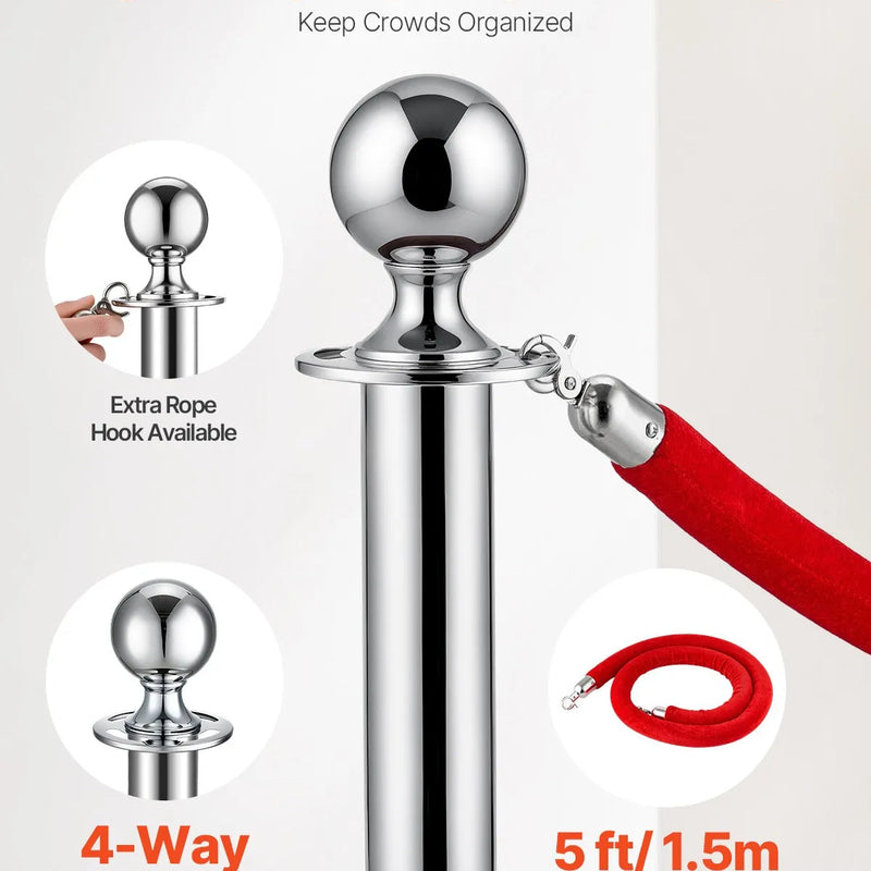 VEVOR barjeras stabi 8 gab., rindas organizēšanas sistēma ar 4 sarkanām samta virvēm, sudraba nerūsējošā tērauda stabi ar smiltīm pildāmu pamatni, piemēroti teātriem, pasākumiem, kāzām un izstādēm