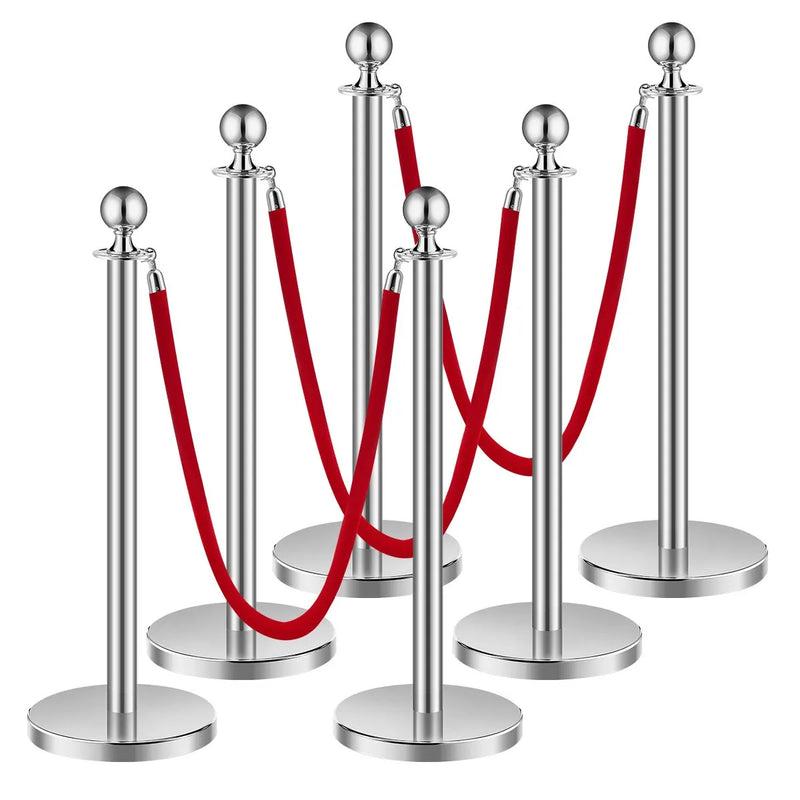 VEVOR barjeras stabi 6 gab., rindas organizēšanas sistēma ar 3 sarkanām samta virvēm, sudraba nerūsējošā tērauda stabi ar smiltīm pildāmu pamatni, piemēroti teātriem, pasākumiem, kāzām un izstādēm