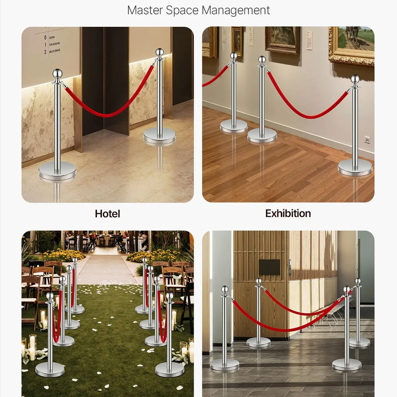 VEVOR barjeras stabi 6 gab., rindas organizēšanas sistēma ar 3 sarkanām samta virvēm, sudraba nerūsējošā tērauda stabi ar smiltīm pildāmu pamatni, piemēroti teātriem, pasākumiem, kāzām un izstādēm