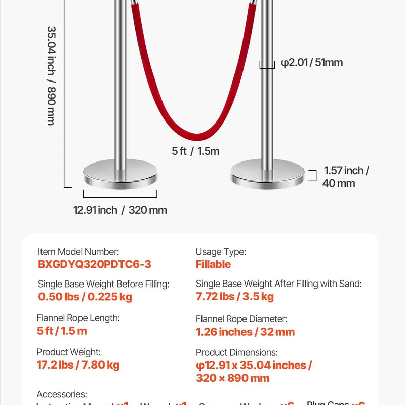 VEVOR barjeras stabi 6 gab., rindas organizēšanas sistēma ar 3 sarkanām samta virvēm, sudraba nerūsējošā tērauda stabi ar smiltīm pildāmu pamatni, piemēroti teātriem, pasākumiem, kāzām un izstādēm