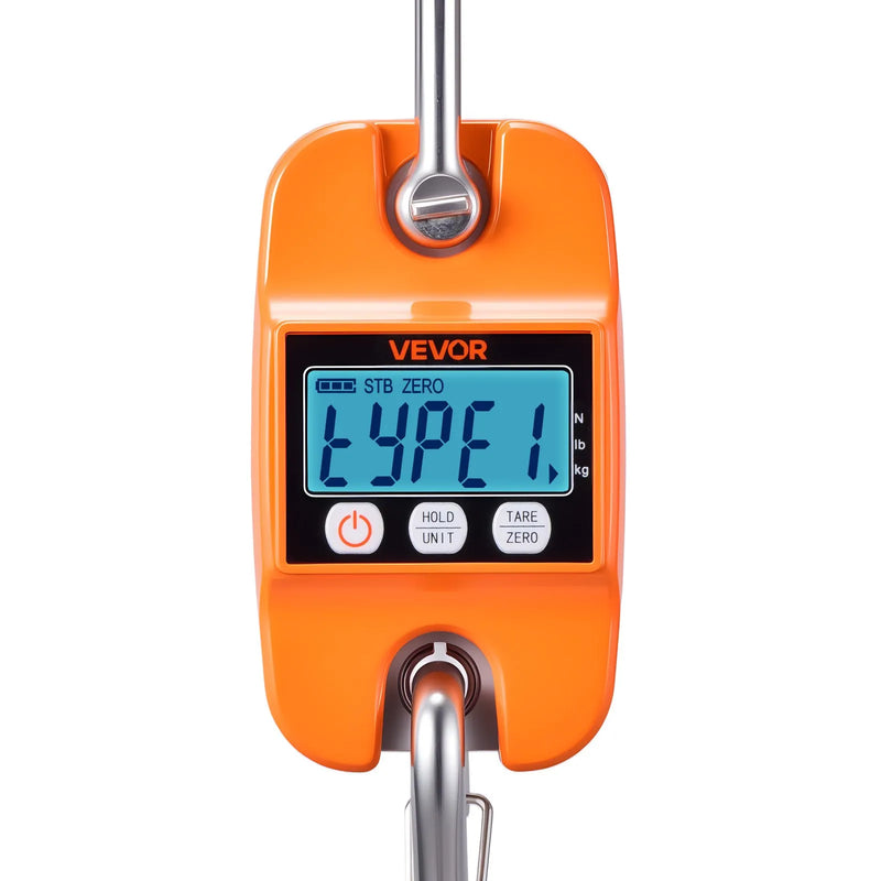 VEVOR digitālie celtņa svari 400 kg, pārnēsājami piekaramie svari ar lieta alumīnija korpusu un LCD displeju, 100 g precizitāte un 3 mērvienību pārslēgšana, automātiskā izslēgšanās, oranži
