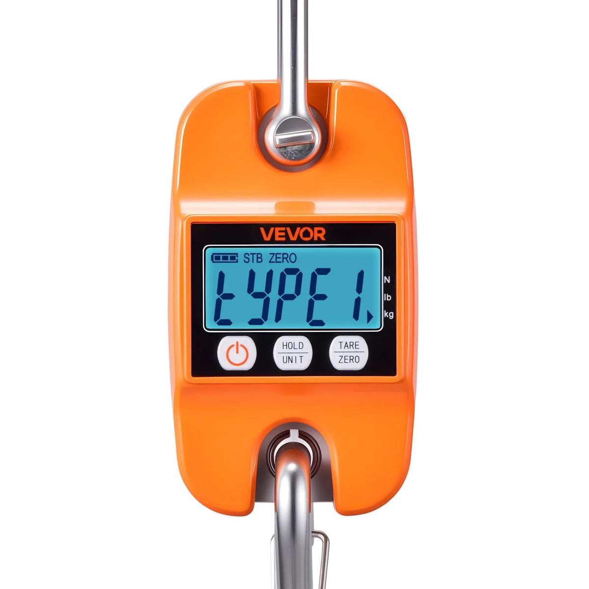 VEVOR digitālie celtņa svari 400 kg, pārnēsājami piekaramie svari ar lieta alumīnija korpusu un LCD displeju, 100 g precizitāte un 3 mērvienību pārslēgšana, automātiskā izslēgšanās, oranži
