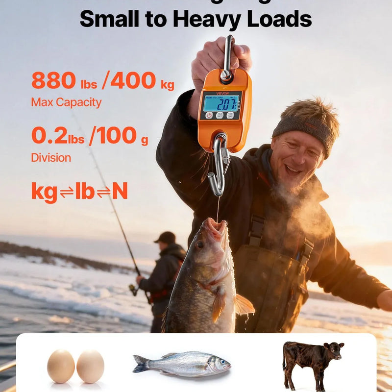 VEVOR digitālie celtņa svari 400 kg, pārnēsājami piekaramie svari ar lieta alumīnija korpusu un LCD displeju, 100 g precizitāte un 3 mērvienību pārslēgšana, automātiskā izslēgšanās, oranži