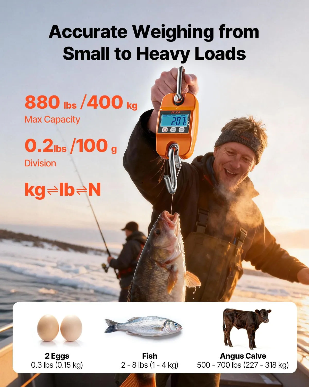VEVOR digitālie celtņa svari 400 kg, pārnēsājami piekaramie svari ar lieta alumīnija korpusu un LCD displeju, 100 g precizitāte un 3 mērvienību pārslēgšana, automātiskā izslēgšanās, oranži
