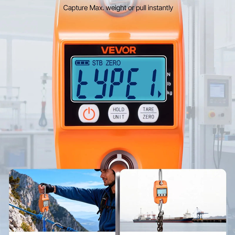 VEVOR digitālie celtņa svari 400 kg, pārnēsājami piekaramie svari ar lieta alumīnija korpusu un LCD displeju, 100 g precizitāte un 3 mērvienību pārslēgšana, automātiskā izslēgšanās, oranži