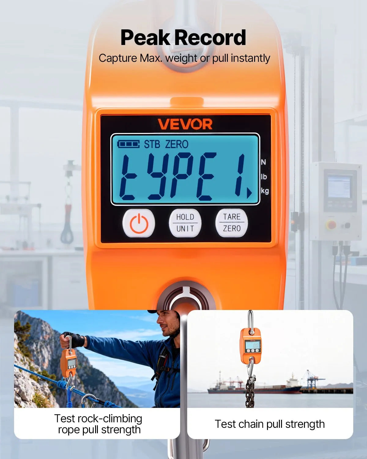 VEVOR digitālie celtņa svari 400 kg, pārnēsājami piekaramie svari ar lieta alumīnija korpusu un LCD displeju, 100 g precizitāte un 3 mērvienību pārslēgšana, automātiskā izslēgšanās, oranži