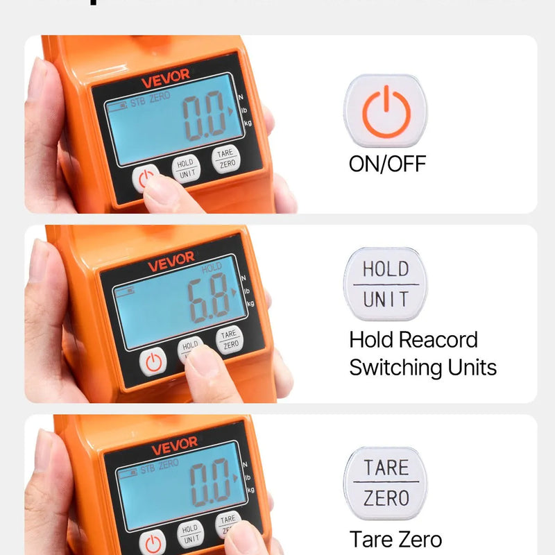 VEVOR digitālie celtņa svari 400 kg, pārnēsājami piekaramie svari ar lieta alumīnija korpusu un LCD displeju, 100 g precizitāte un 3 mērvienību pārslēgšana, automātiskā izslēgšanās, oranži