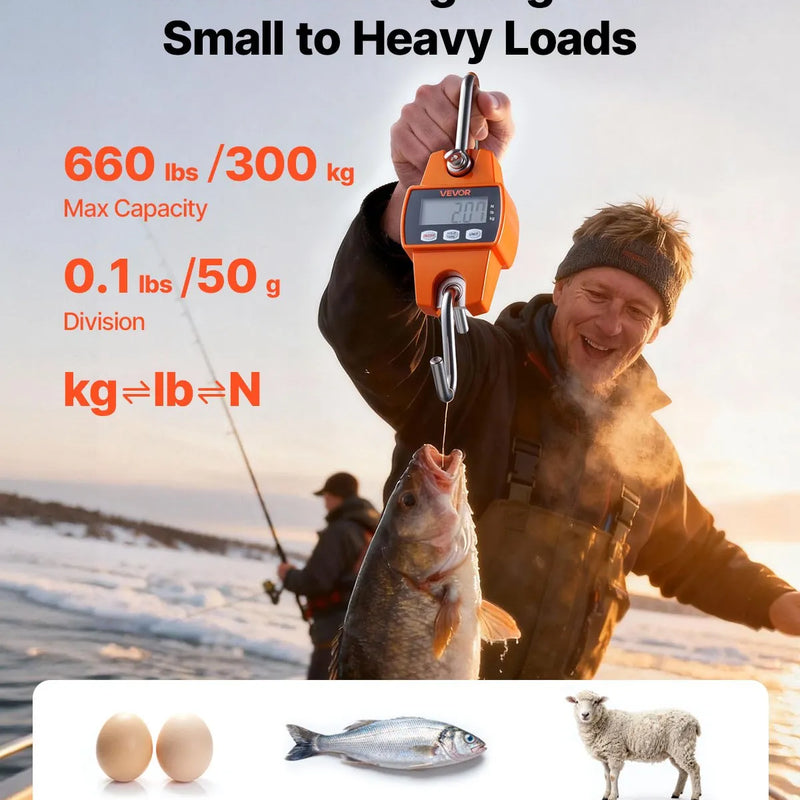VEVOR digitālie celtņa svari 300 kg, piekaramie svari ar LCD displeju, 50 g precizitāti un 3 mērvienībām, oranži