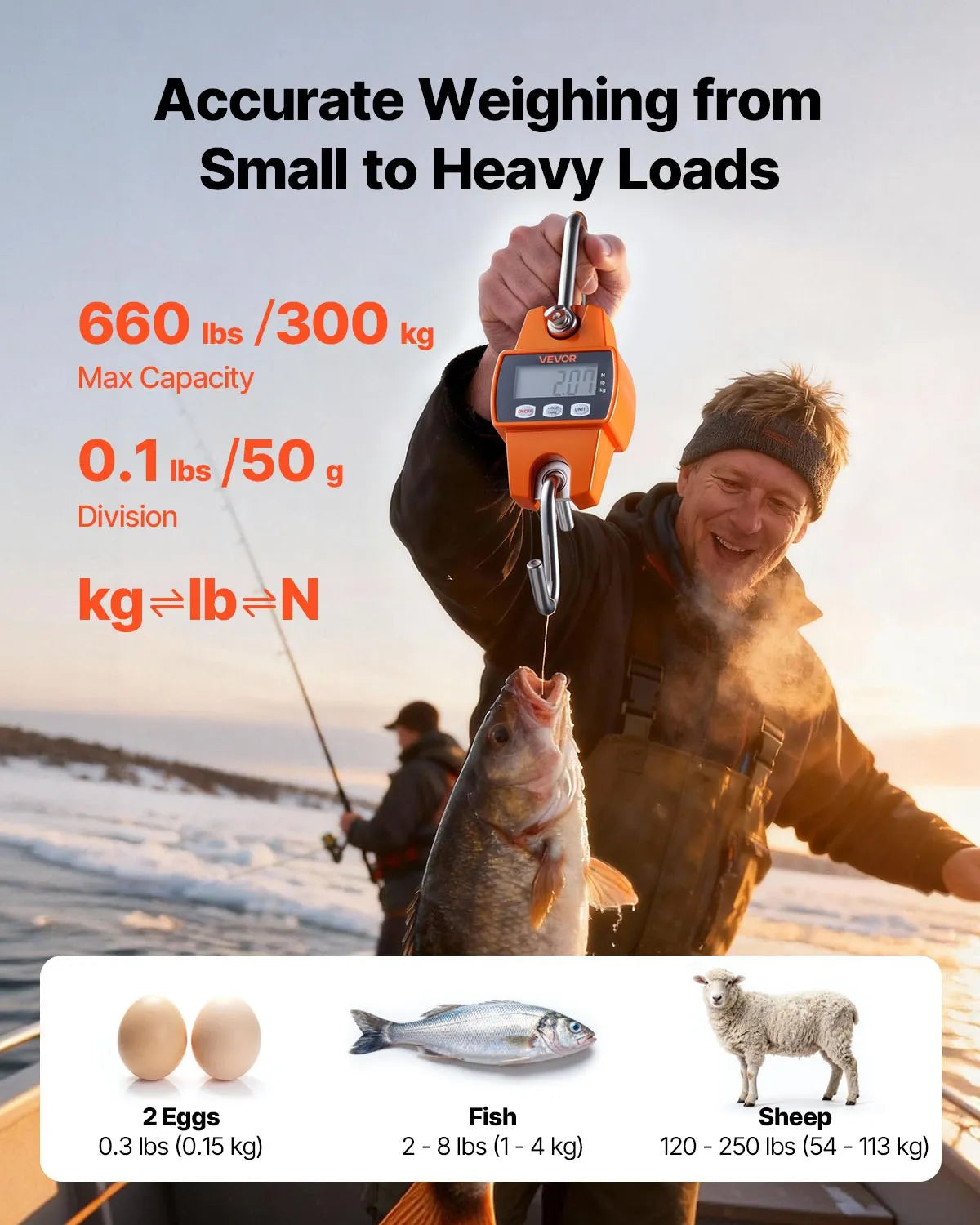 VEVOR digitaalsed kraanakaalud 300 kg, riputatavad kaalud LCD-ekraaniga, täpsusega 50 g ja 3 mõõtühikuga, oranžid