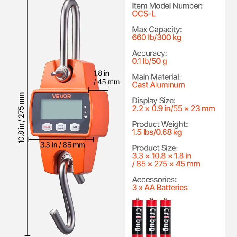 VEVOR digitālie celtņa svari 300 kg, piekaramie svari ar LCD displeju, 50 g precizitāti un 3 mērvienībām, oranži