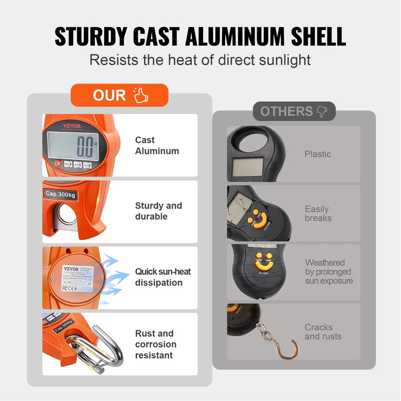 Digitālie celtņa svari 300 kg, industriālie piekaramie svari ar alumīnija korpusu un LCD ekrānu, rokas mini svari ar āķiem saimniecībai, medībām, makšķerēšanai, āra darbiem un garāžai, oranži
