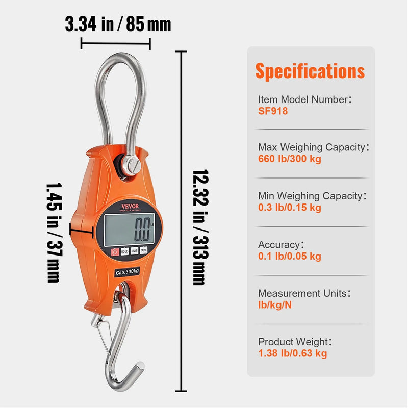Digitālie celtņa svari 300 kg, industriālie piekaramie svari ar alumīnija korpusu un LCD ekrānu, rokas mini svari ar āķiem saimniecībai, medībām, makšķerēšanai, āra darbiem un garāžai, oranži
