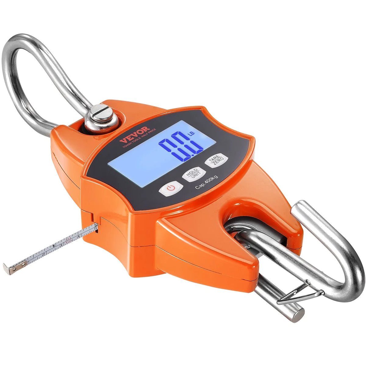 Digital Crane Scale 400 kg, Industrial Hanging Scale with Aluminium Body and LCD Display, Portable Mini Scale with Hooks, Orange