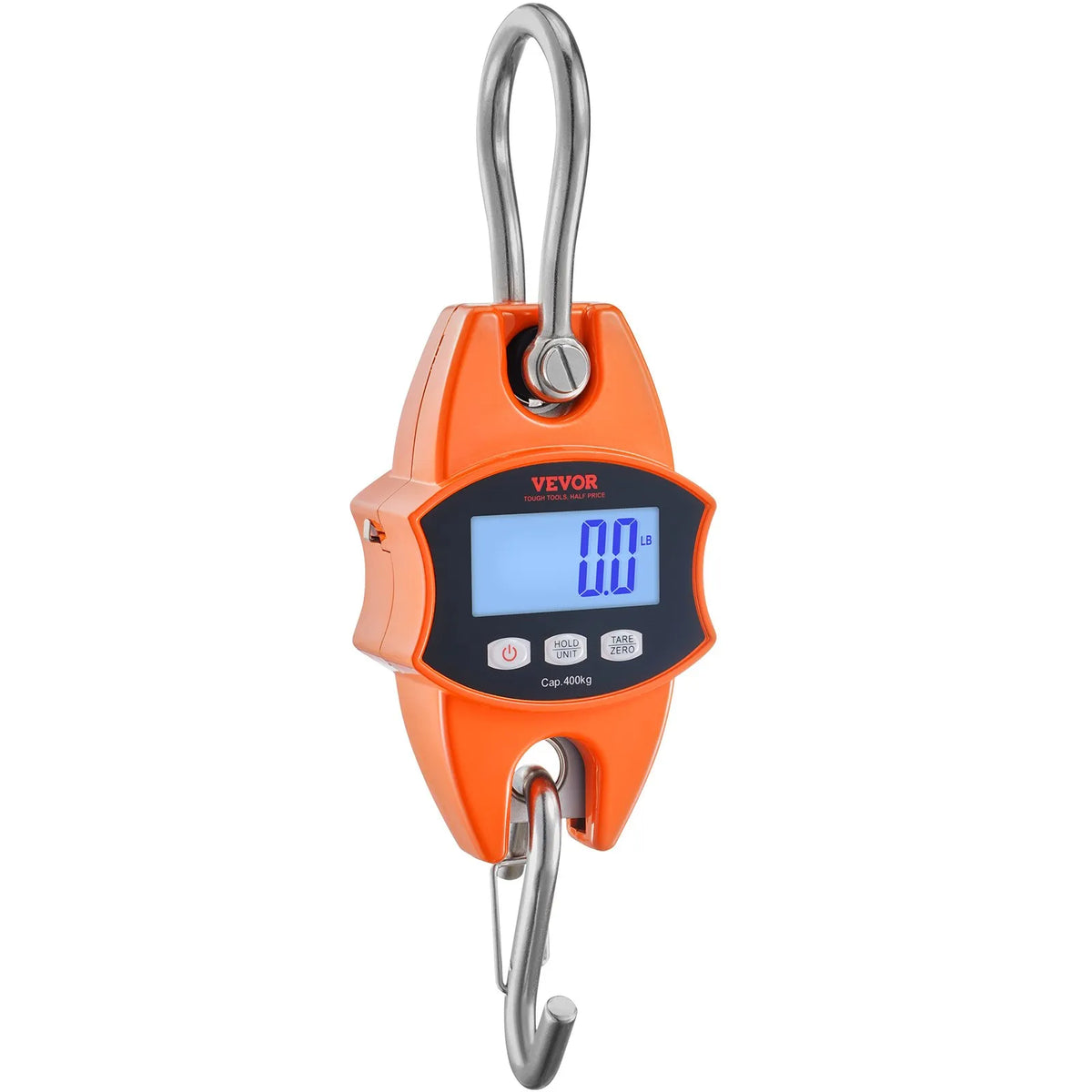Digital Crane Scale 400 kg, Industrial Hanging Scale with Aluminium Body and LCD Display, Portable Mini Scale with Hooks, Orange