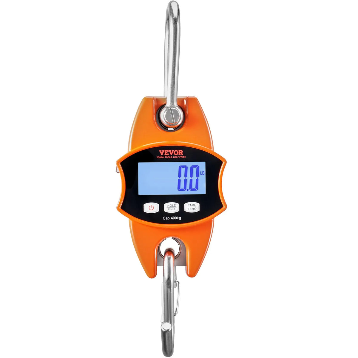 Digital Crane Scale 400 kg, Industrial Hanging Scale with Aluminium Body and LCD Display, Portable Mini Scale with Hooks, Orange
