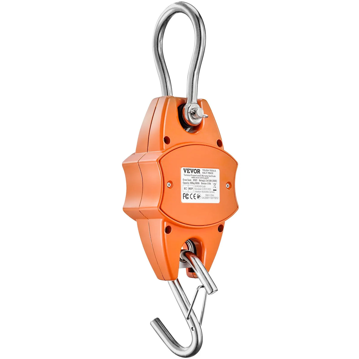 Digital Crane Scale 400 kg, Industrial Hanging Scale with Aluminium Body and LCD Display, Portable Mini Scale with Hooks, Orange
