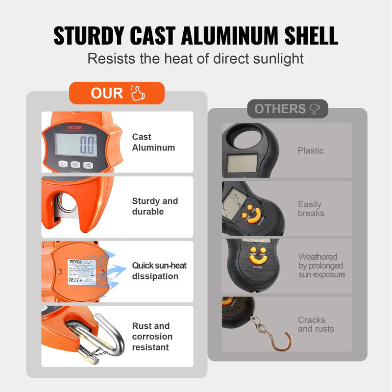 Digitālie celtņa svari 400 kg, industriālie piekaramie svari ar alumīnija korpusu un LCD ekrānu, rokas mini svari ar āķiem, oranži
