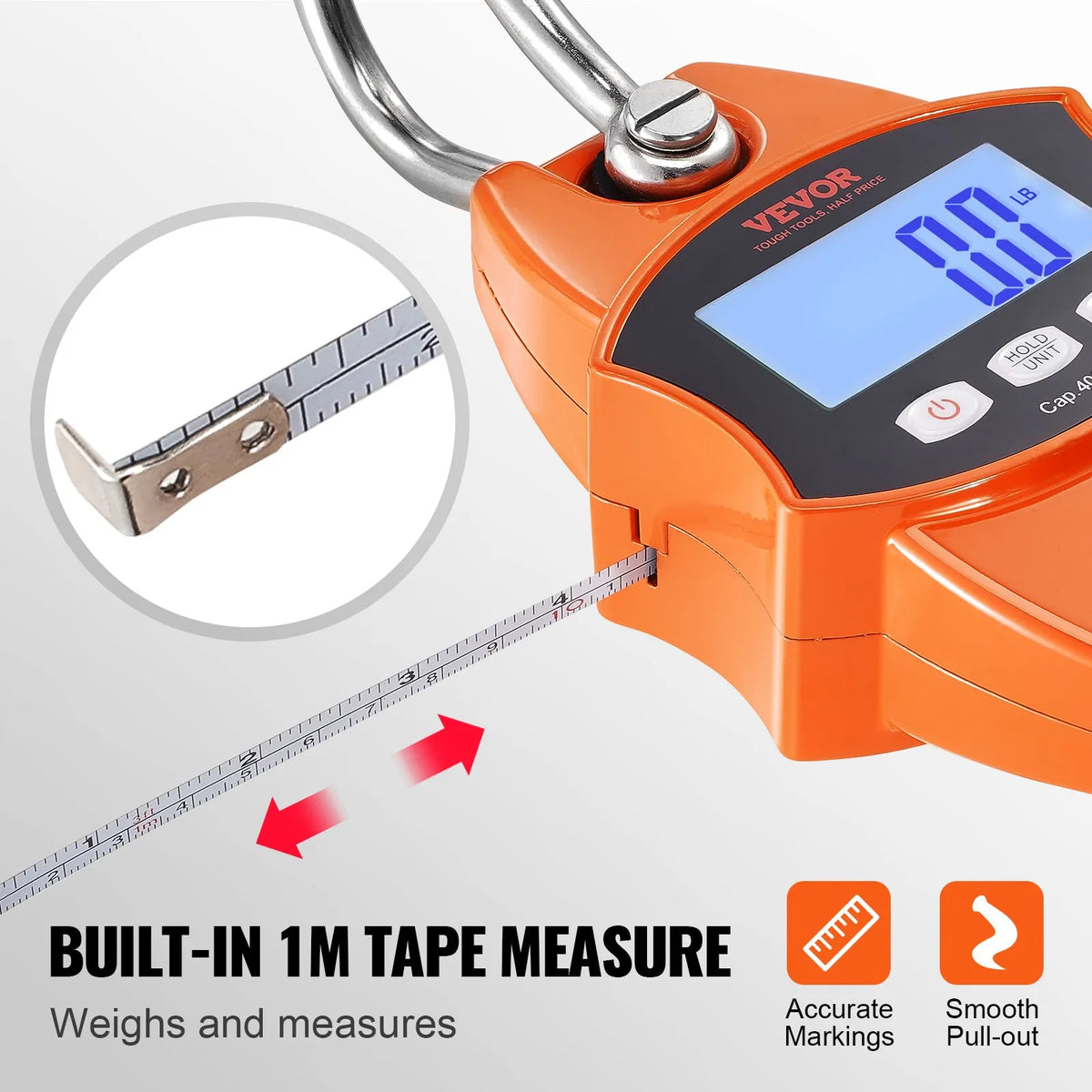 Digital Crane Scale 400 kg, Industrial Hanging Scale with Aluminium Body and LCD Display, Portable Mini Scale with Hooks, Orange