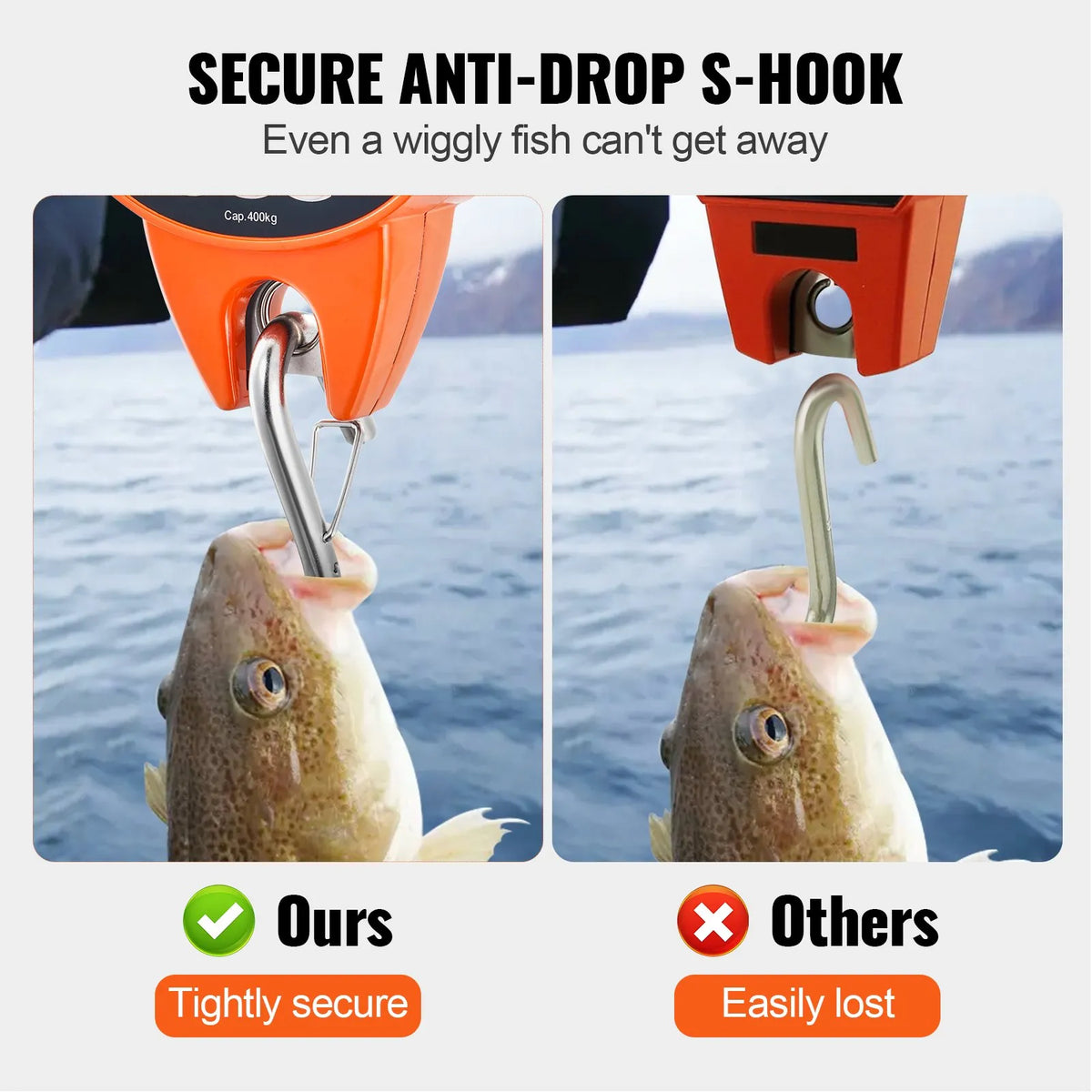 Digital Crane Scale 400 kg, Industrial Hanging Scale with Aluminium Body and LCD Display, Portable Mini Scale with Hooks, Orange