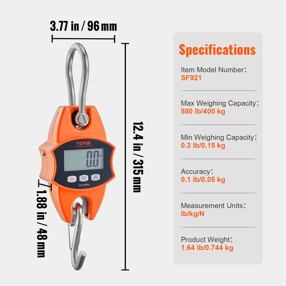 Digital Crane Scale 400 kg, Industrial Hanging Scale with Aluminium Body and LCD Display, Portable Mini Scale with Hooks, Orange