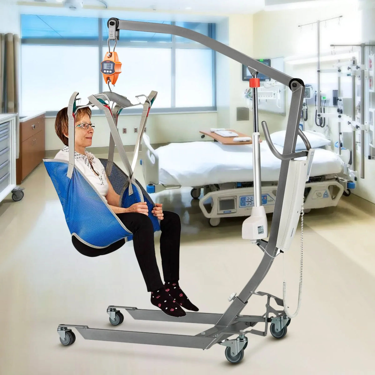 Digital Crane Scale 400 kg, Industrial Hanging Scale with Aluminium Body and LCD Display, Portable Mini Scale with Hooks, Orange
