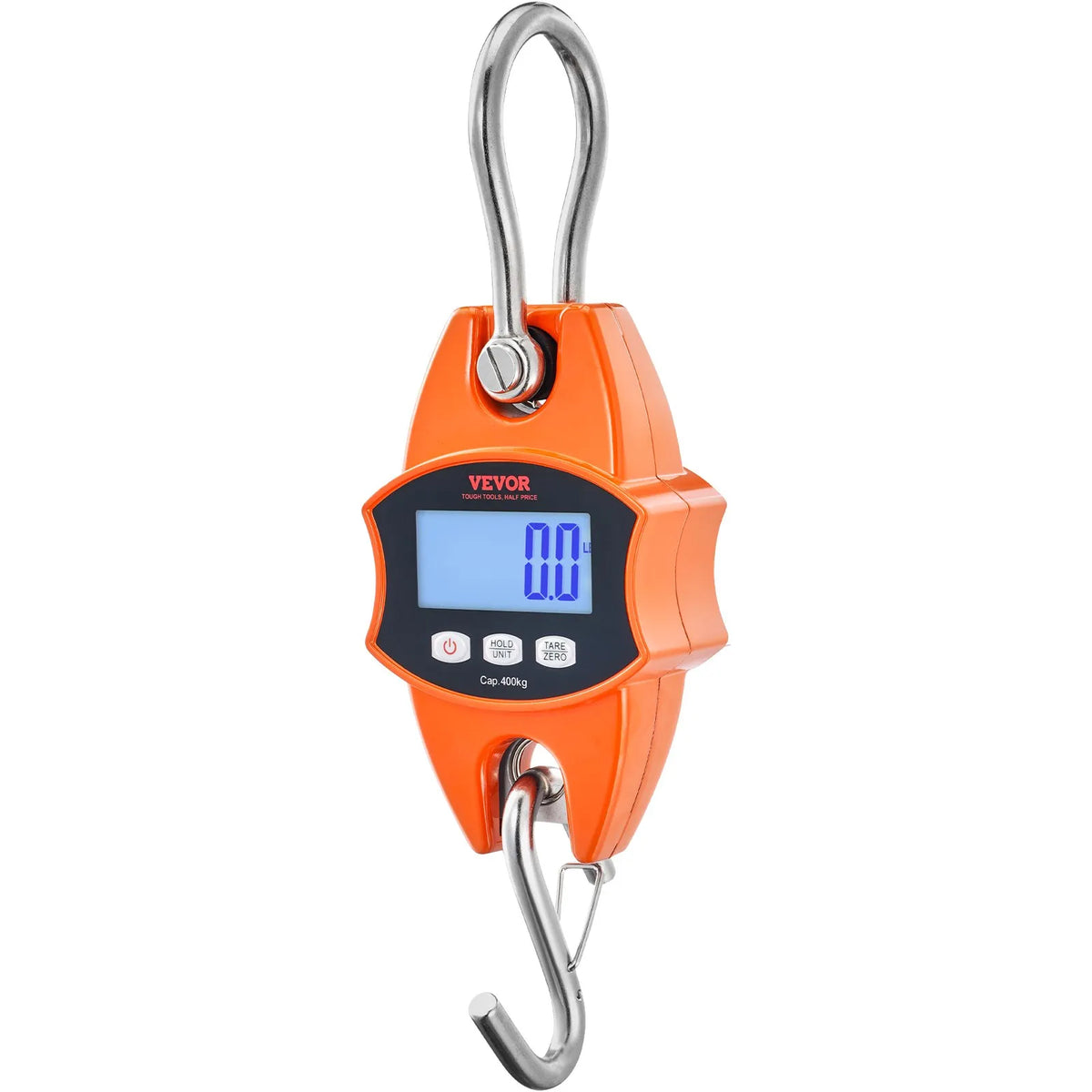 Digital Crane Scale 400 kg, Industrial Hanging Scale with Aluminium Body and LCD Display, Portable Mini Scale with Hooks, Orange