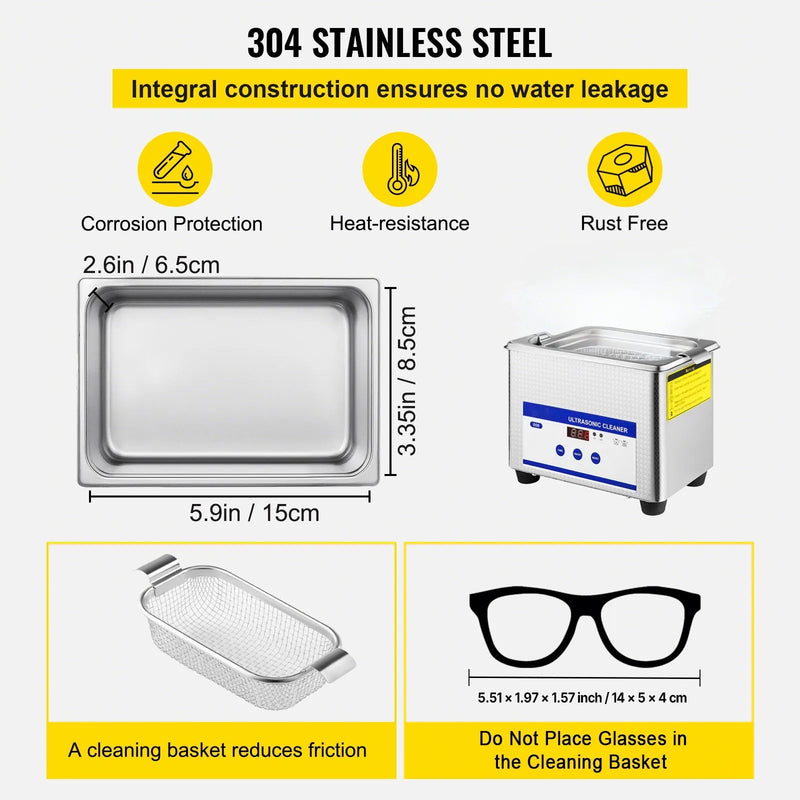 VEVOR 0,8 L ultraskaņas tīrītājs ar digitālu taimeri un sildītāju, 35 W nerūsējošā tērauda ierīce rotaslietu, briļļu un citu priekšmetu tīrīšanai – piemērots komerciālai un mājas lietošanai