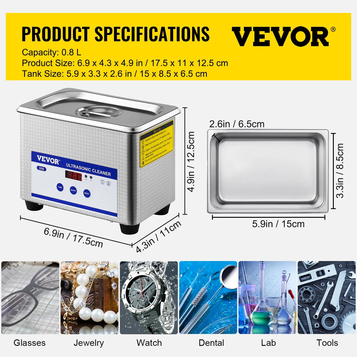 VEVOR 0.8 L Ultrasonic Cleaner with Digital Timer and Heater, 35 W Stainless Steel Device for Jewellery, Glasses and Other Items – Suitable for Commercial and Home Use
