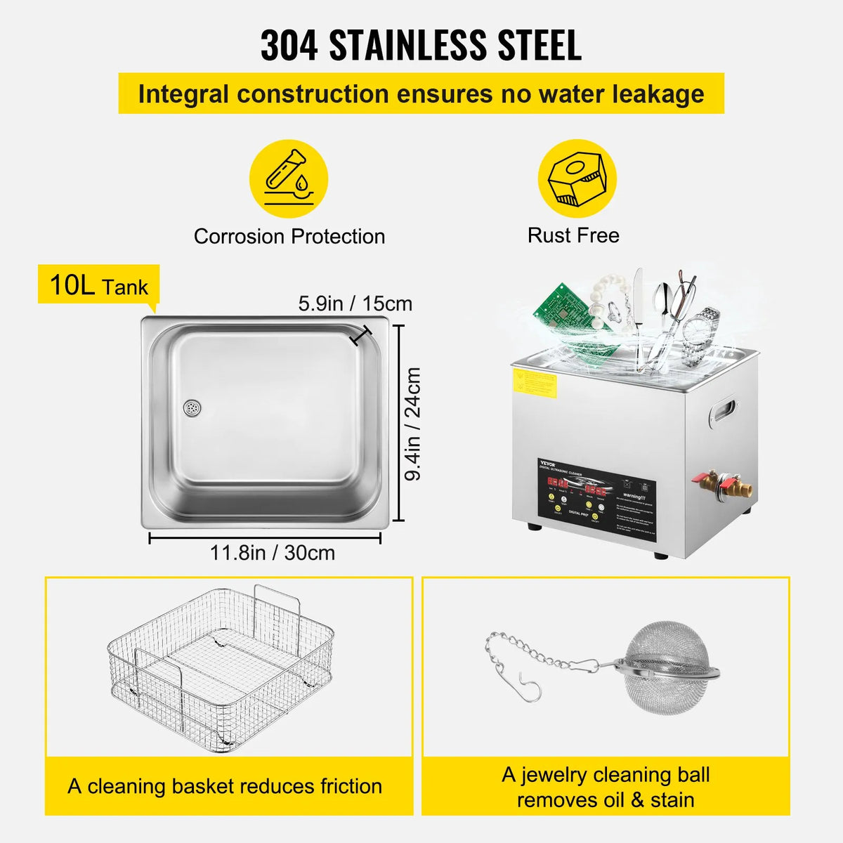 VEVOR 10 L Advanced Ultrasonic Cleaner (400 W Heater, 240 W Ultrasonic Power), Professional Digital Laboratory Ultrasonic Cleaner with Heater and Timer for Parts and Instruments Cleaning