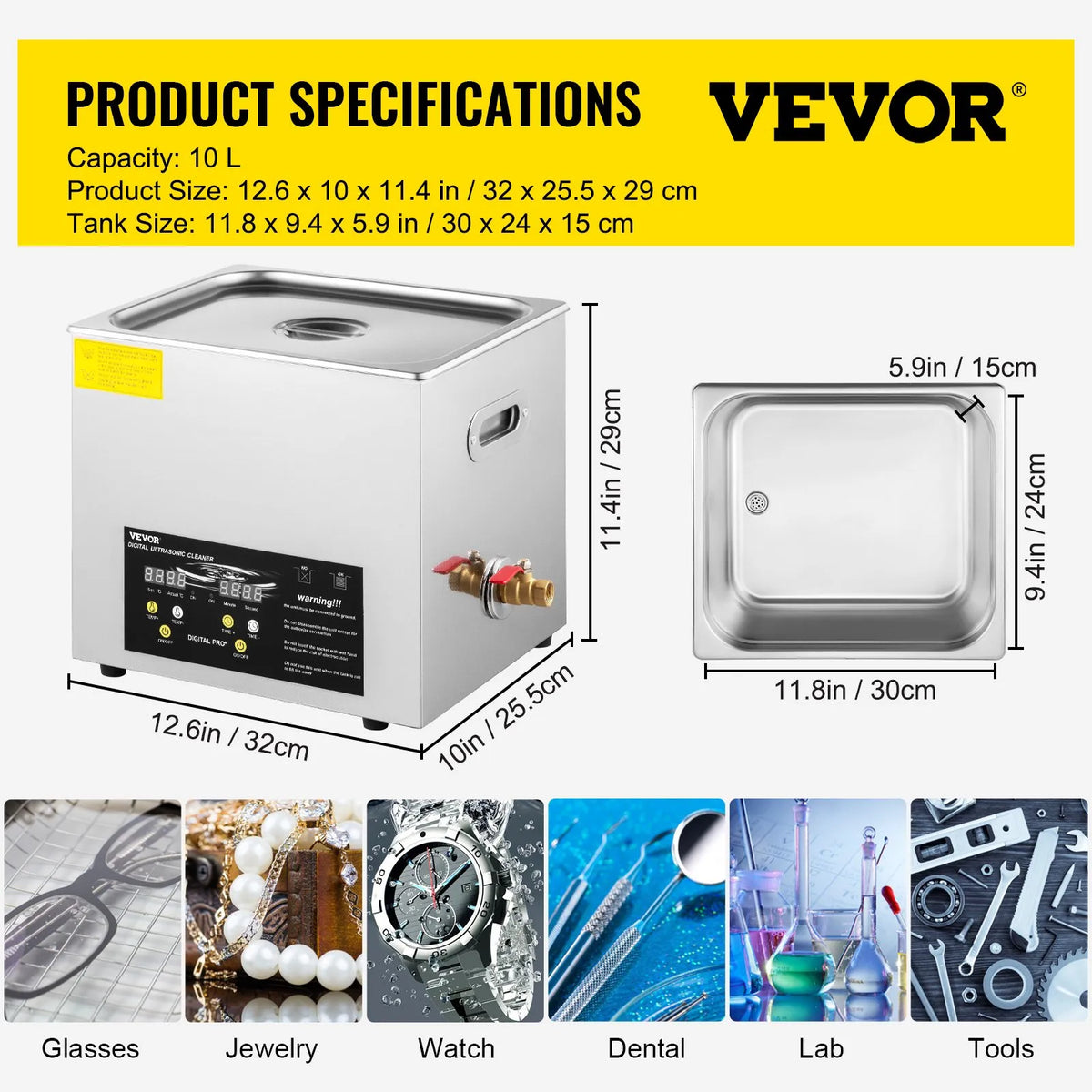 VEVOR 10 L Advanced Ultrasonic Cleaner (400 W Heater, 240 W Ultrasonic Power), Professional Digital Laboratory Ultrasonic Cleaner with Heater and Timer for Parts and Instruments Cleaning