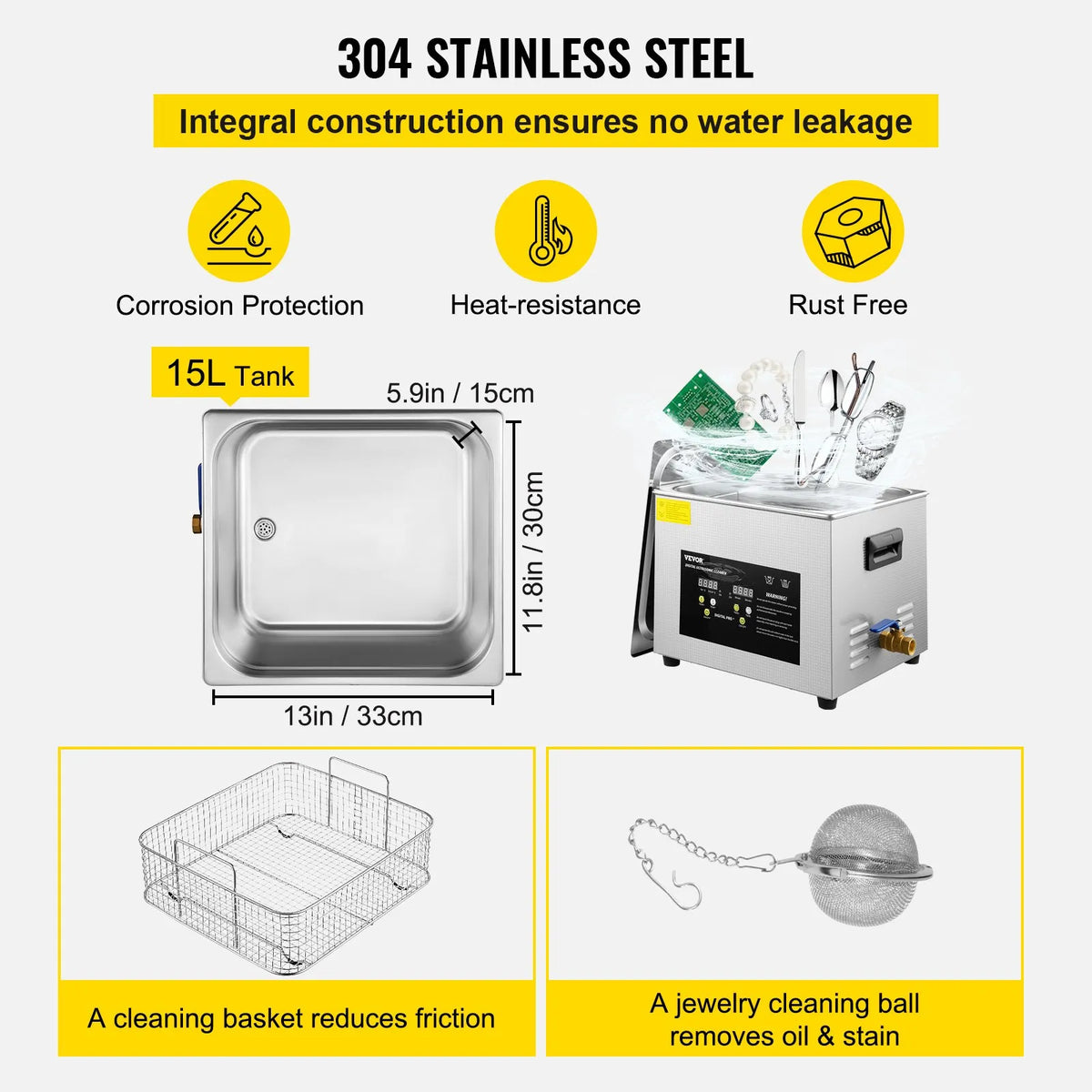 VEVOR 15 L Advanced Ultrasonic Cleaner (600 W Heater, 360 W Ultrasonic) Professional Digital Laboratory Parts Cleaner with Heating and Timer for Glass and Dental Instruments Cleaning