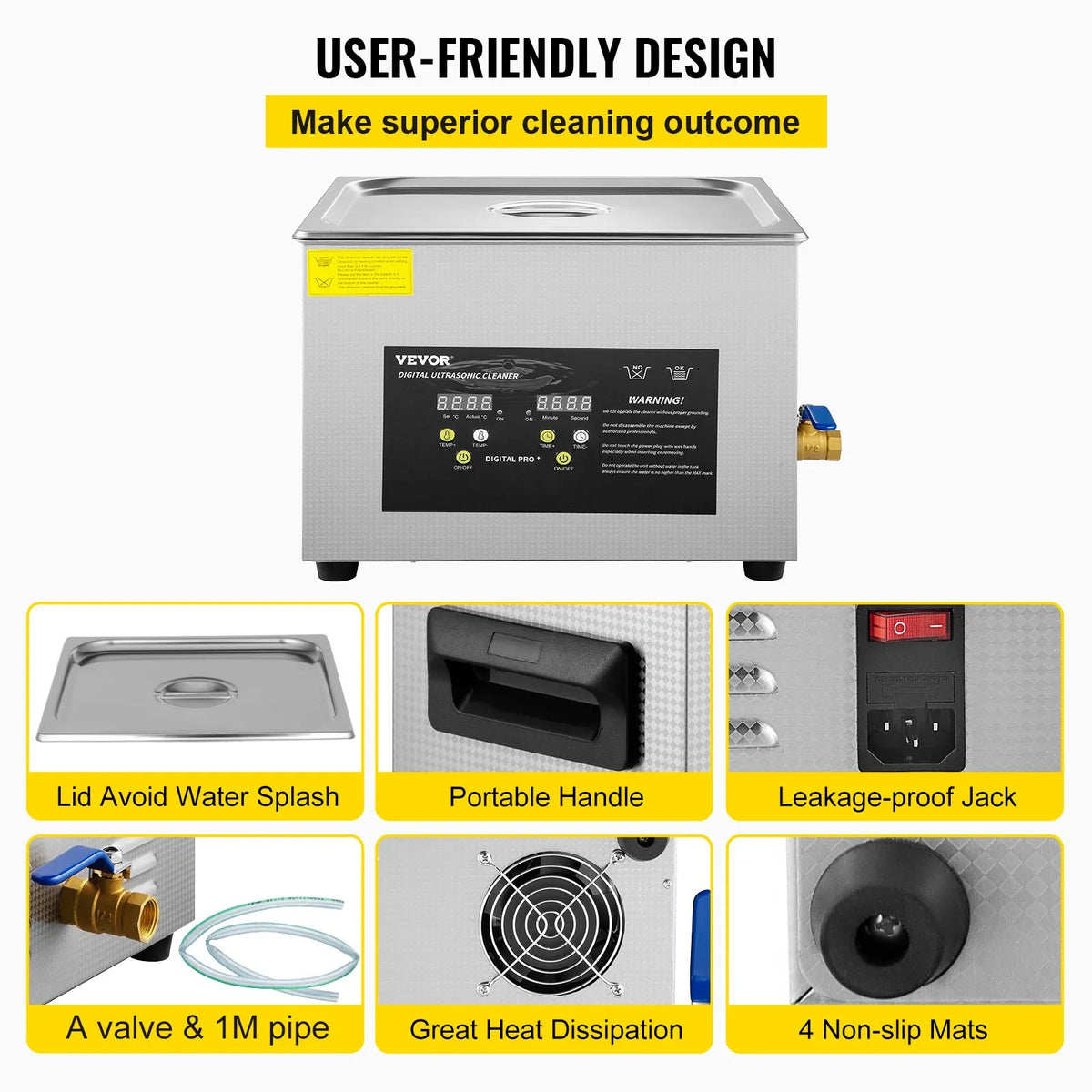 VEVOR 15 L Advanced Ultrasonic Cleaner (600 W Heater, 360 W Ultrasonic) Professional Digital Laboratory Parts Cleaner with Heating and Timer for Glass and Dental Instruments Cleaning