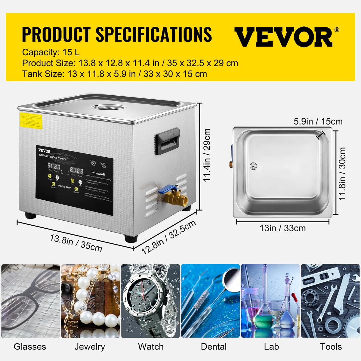 VEVOR 15 L Advanced Ultrasonic Cleaner (600 W Heater, 360 W Ultrasonic) Professional Digital Laboratory Parts Cleaner with Heating and Timer for Glass and Dental Instruments Cleaning