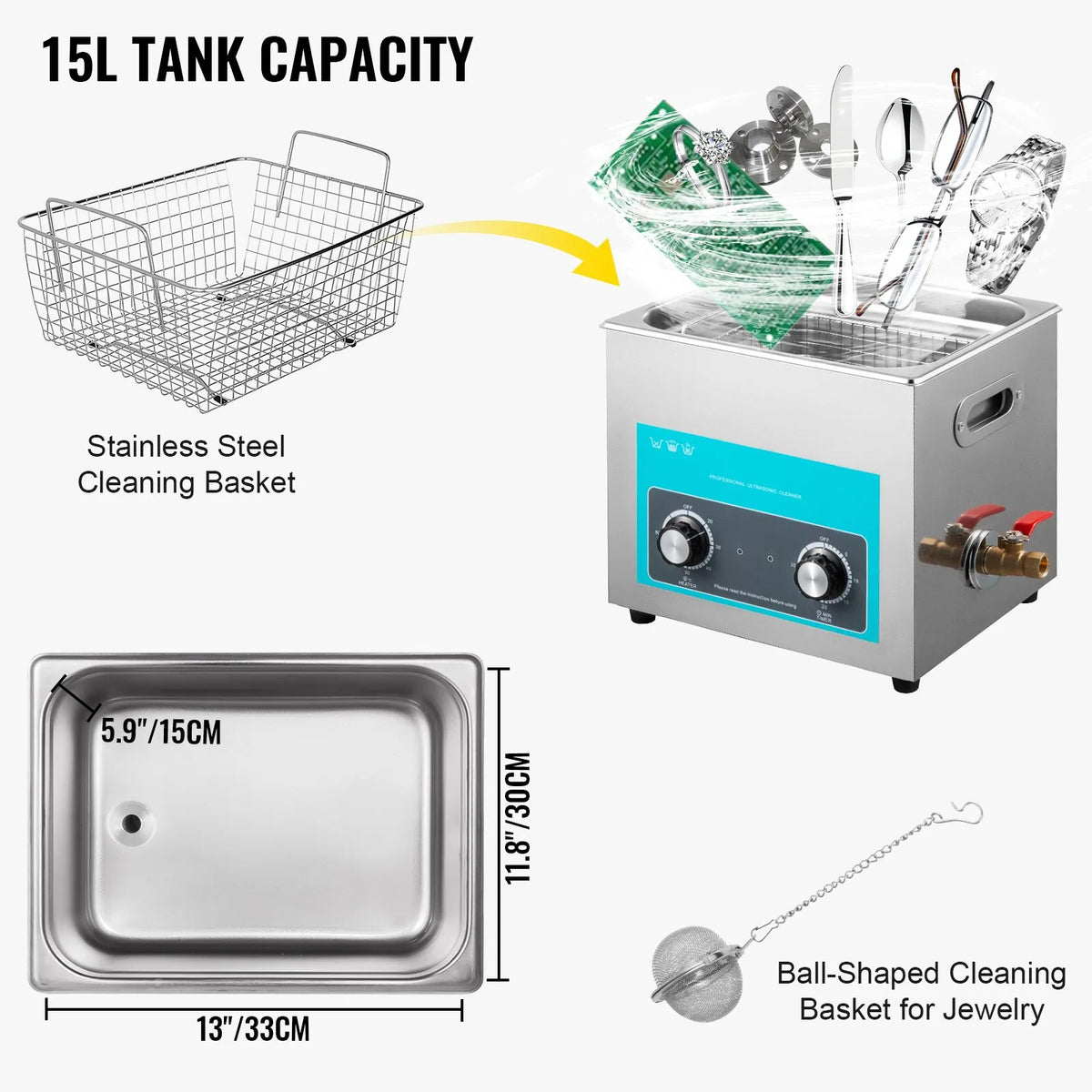 VEVOR 15 L Ultrasonic Cleaner for Jewellery with Heater and Timer, Button Control Adjustment, Suitable for Jewellery, Glasses, Rings, Dentures and Musical Instruments