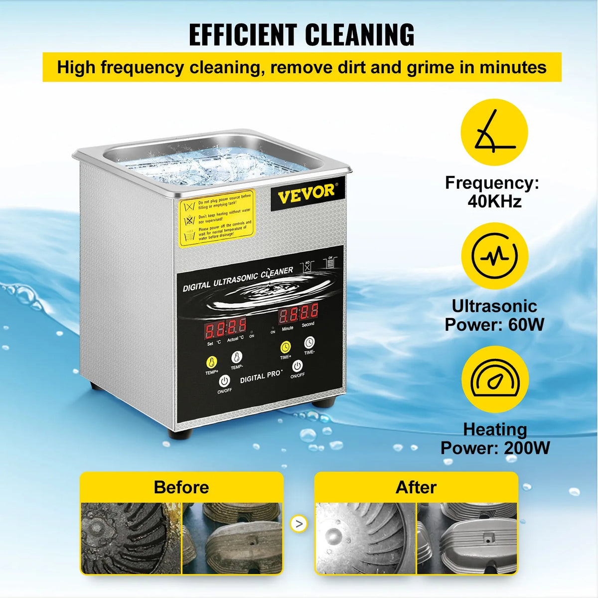 VEVOR 2 L Advanced Ultrasonic Cleaner (100 W Heater, 60 W Ultrasonic), Professional Digital Laboratory Ultrasonic Parts Cleaner with Heating and Timer for Jewellery, Glasses and Parts Cleaning