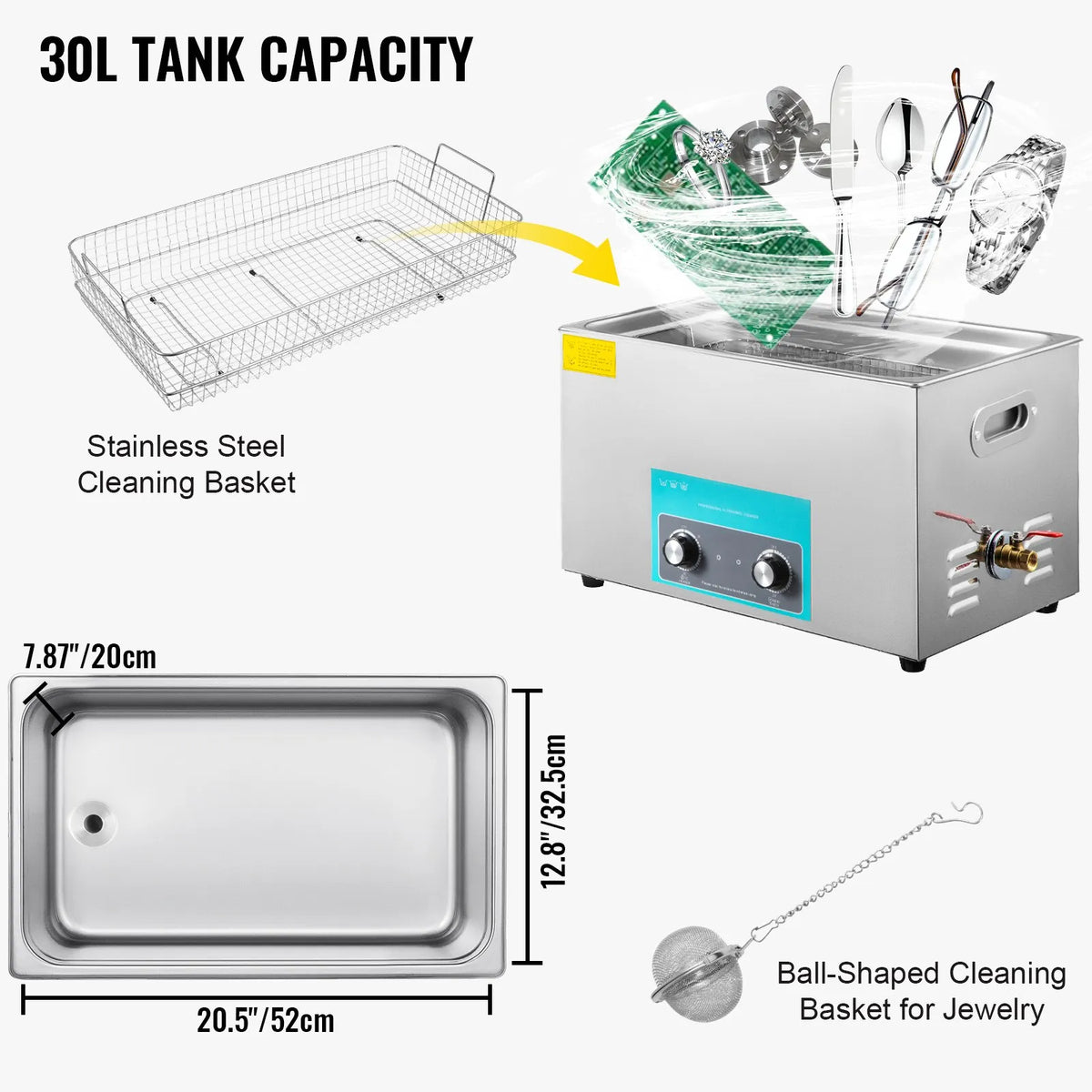 VEVOR 30 l Ultrasonic Cleaner, Jewellery Cleaner with Heating and Timer, Mechanical Control, for Jewellery, Glasses, Rings, Dentures and Musical Instruments