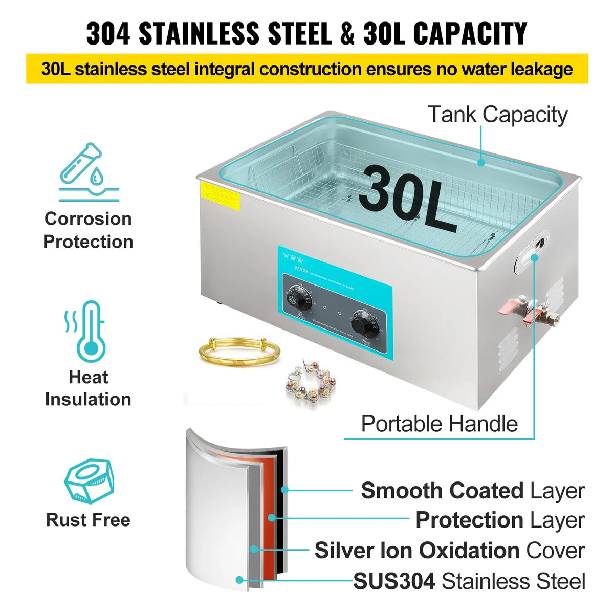 VEVOR 30 l Ultrasonic Cleaner, Ultrasonic Cleaning Machine for Jewellery and Glasses