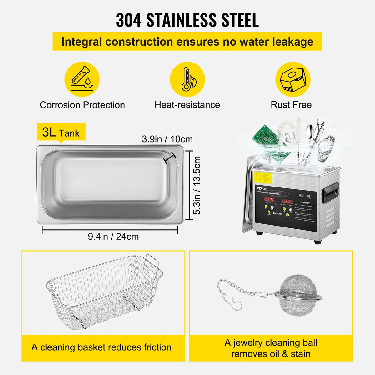 VEVOR 3 L Advanced Ultrasonic Cleaner (200 W Heating, 120 W Ultrasonic), Professional Digital Laboratory Ultrasonic Parts Cleaning Machine with Heating and Timer for Jewellery, Glasses and Parts Cleaning