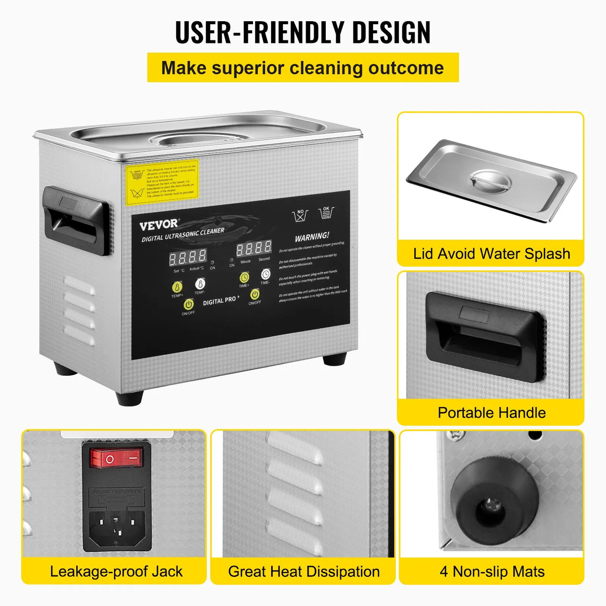 VEVOR 3 L Advanced Ultrasonic Cleaner (200 W Heating, 120 W Ultrasonic), Professional Digital Laboratory Ultrasonic Parts Cleaning Machine with Heating and Timer for Jewellery, Glasses and Parts Cleaning