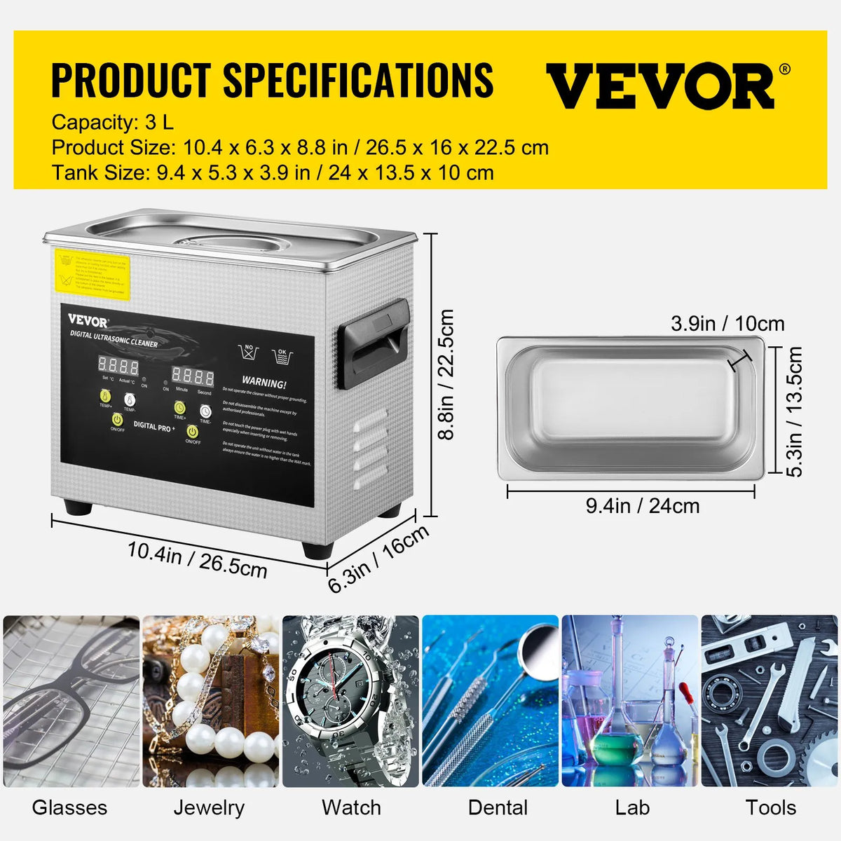 VEVOR 3 L Advanced Ultrasonic Cleaner (200 W Heating, 120 W Ultrasonic), Professional Digital Laboratory Ultrasonic Parts Cleaning Machine with Heating and Timer for Jewellery, Glasses and Parts Cleaning