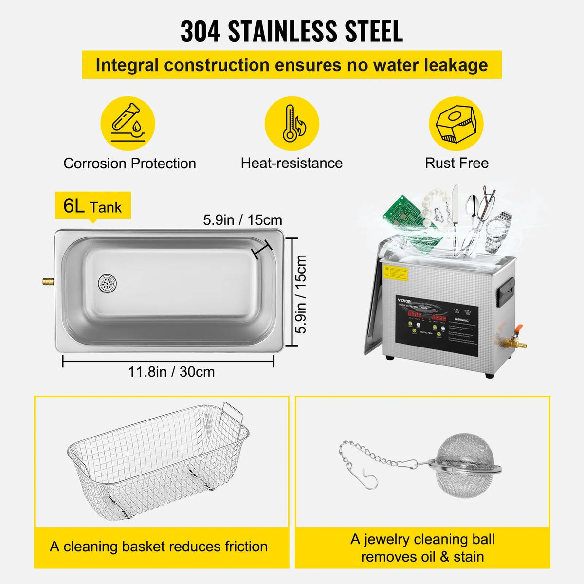 VEVOR 6 L Advanced Ultrasonic Cleaner (400 W Heater, 180 W Ultrasonic) Professional Digital Laboratory Ultrasonic Parts Cleaner with Heating Function and Timer for Jewellery, Glasses and Instruments Cleaning
