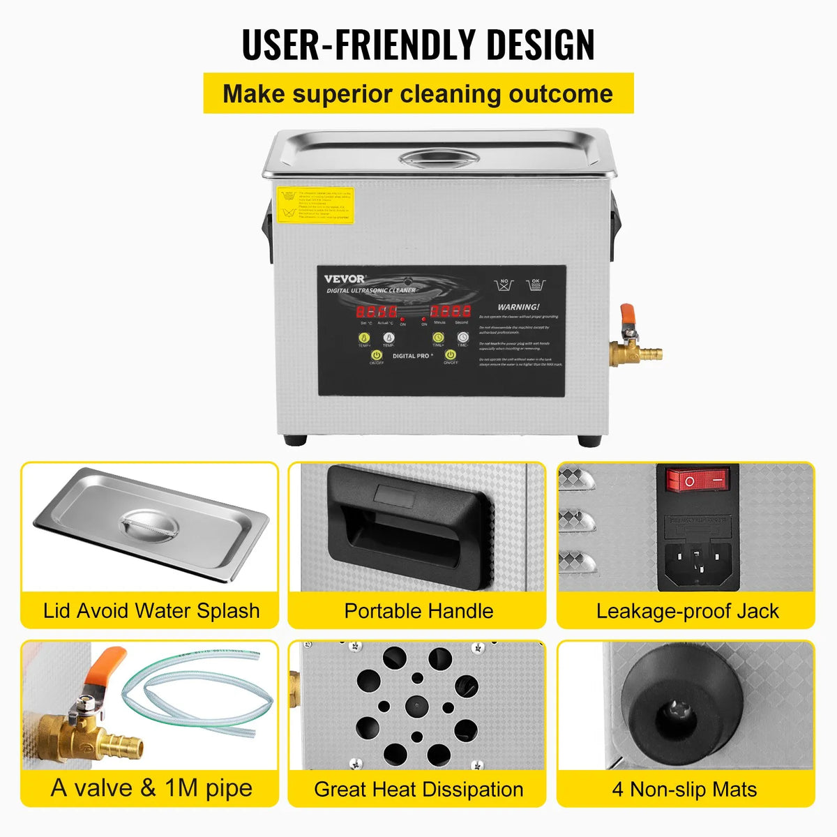 VEVOR 6 L Advanced Ultrasonic Cleaner (400 W Heater, 180 W Ultrasonic) Professional Digital Laboratory Ultrasonic Parts Cleaner with Heating Function and Timer for Jewellery, Glasses and Instruments Cleaning