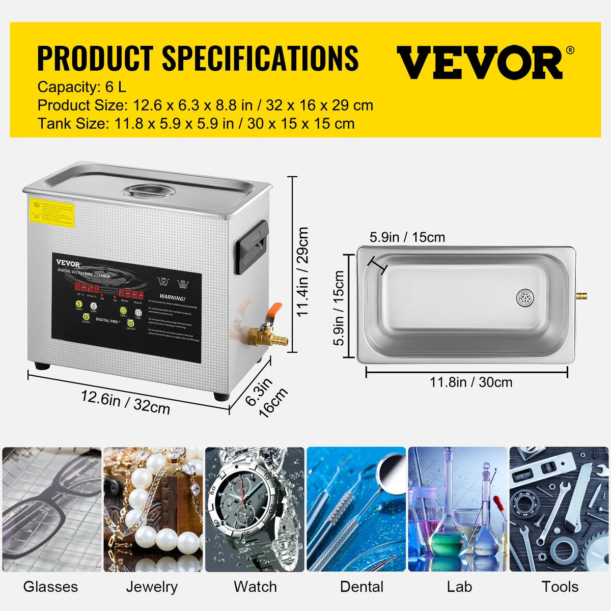 VEVOR 6 L Advanced Ultrasonic Cleaner (400 W Heater, 180 W Ultrasonic) Professional Digital Laboratory Ultrasonic Parts Cleaner with Heating Function and Timer for Jewellery, Glasses and Instruments Cleaning
